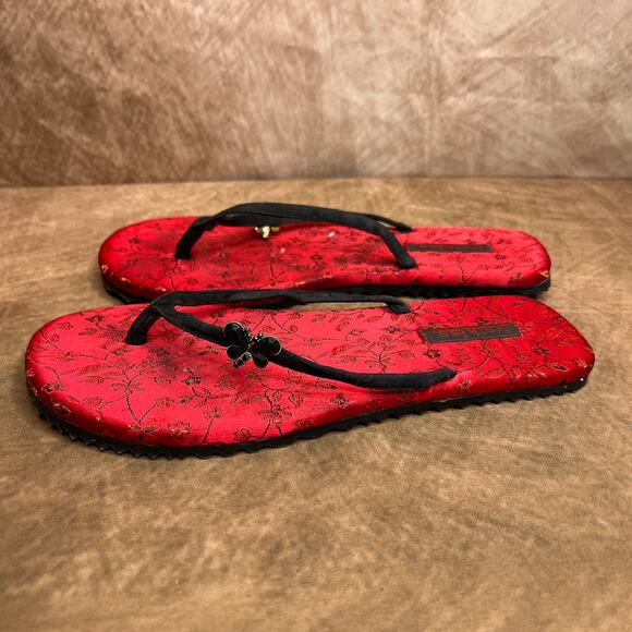 Vintage Y2K First Kiss Floral Butterfly Charm Flip Flop Sandals Red Rhinestone - Picture 4 of 8